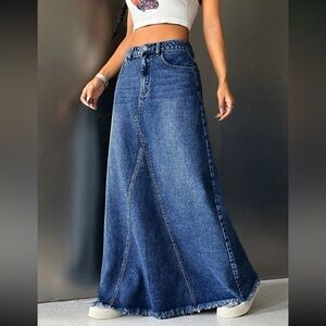Luxe raw hem denim maxi skirt